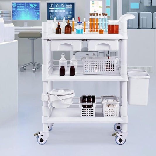 VEVOR Medical Mobile Trolley Cart with 2 Drawers & 3 Trash Cans, 3 Tiers Beauty Salon Rolling Trolley with 4 Silent Wheels & 2 Dirts Bucket & Bowl, Medical Utility Cart for Hospital Dental Clinic Lab
