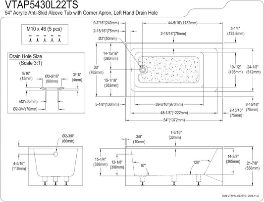 Aqua Eden VTAP5430L22TS 54-Inch Acrylic 2-Wall Corner Alcove Tub with Left Hand Drain, White