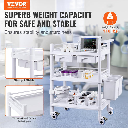VEVOR Medical Mobile Trolley Cart with 2 Drawers & 3 Trash Cans, 3 Tiers Beauty Salon Rolling Trolley with 4 Silent Wheels & 2 Dirts Bucket & Bowl, Medical Utility Cart for Hospital Dental Clinic Lab