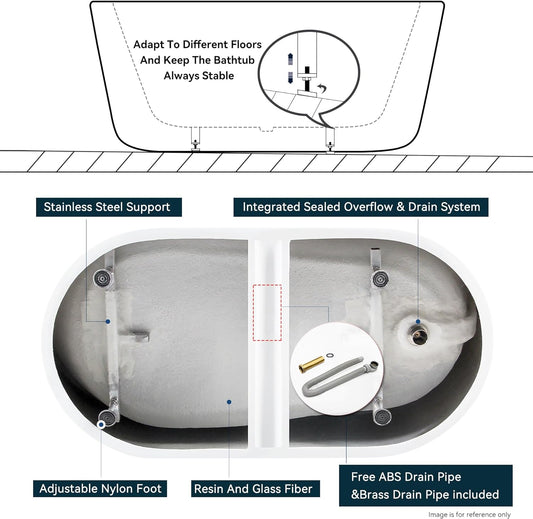 FerdY Lana'i 60" Freestanding Bathtub, Gracefully Shaped Freestanding Soaking tub, Glossy White, cUPC Certified, Brushed Nickel Drain & Overflow Assembly Included-02125