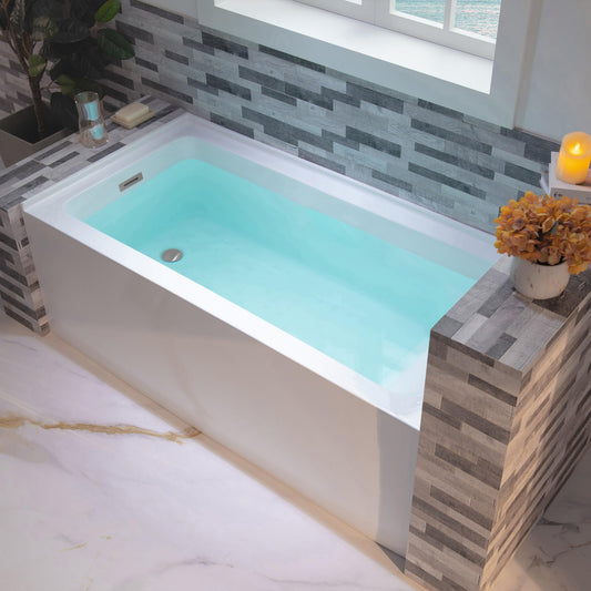 WOODBRIDGE 60" Acrylic Rectangular Alcove Soaking Bathtub in White with Left Drain, Brushed Nickel pop-up Drain Included, LB428-L