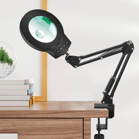 NOEVSBIG Magnifying Glass Desk Lamp with 3-Section Swing Arm and Big Clamp, Magnifying Glass with Light and Stand, 10X Wide Desk Magnifier Light for Reading/Office/Crafting/Close Work