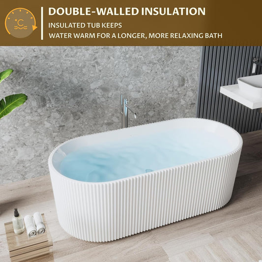 67" Modern Freestanding Bathtub,V Shape Freestanding Soaking Acrylic Bathtub,Unique Design Pleated Tub with Chrome Drain and Classic Slotted Overflow,Cupc Certified,Gloss White