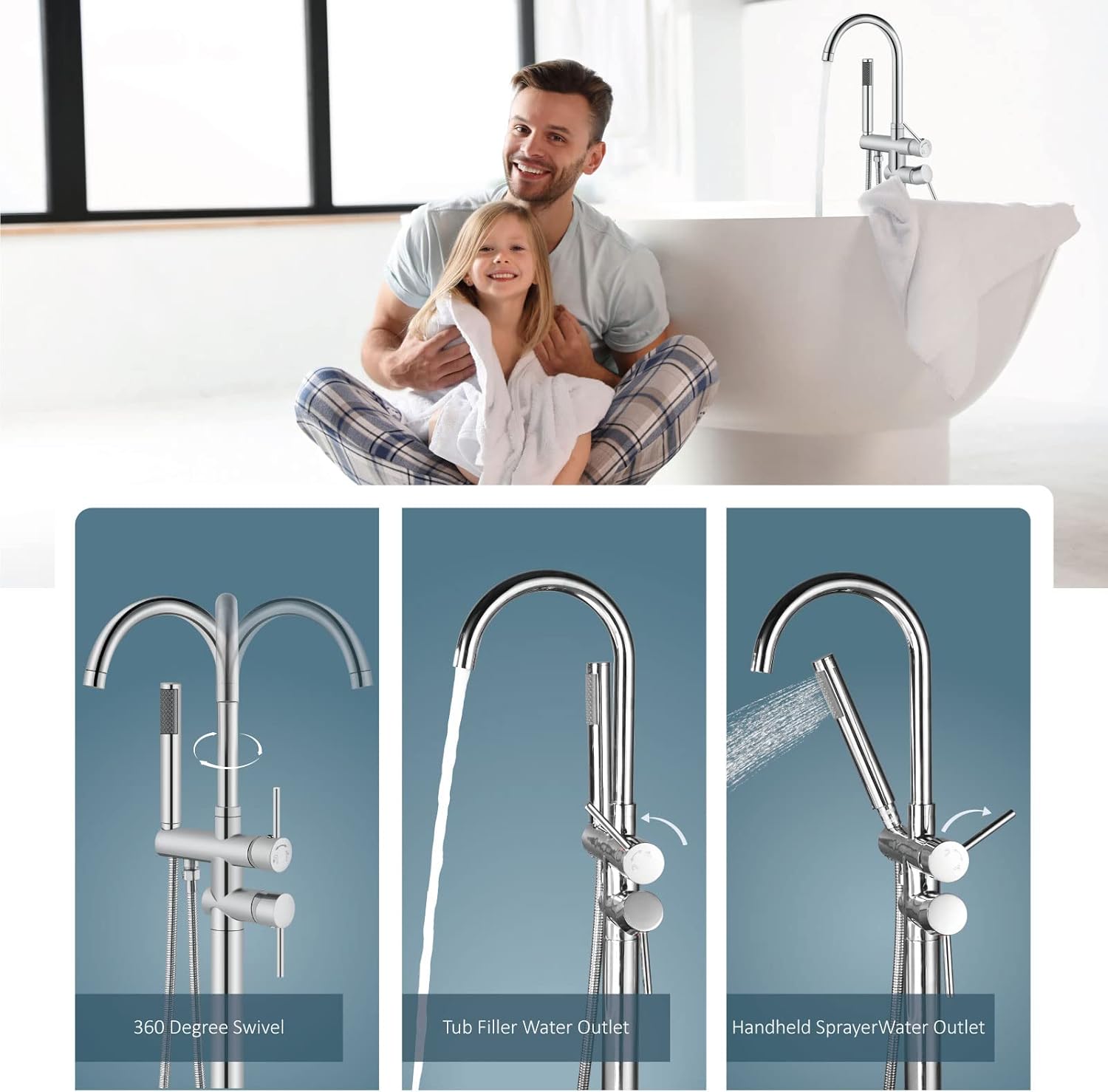 Aolemi Floor Mount Bathtub Faucet Freestanding Tub Filler Standing High Flow Shower Faucets Shower Mixer Taps, Swivel Gooseneck Spout with Cylinder Handheld Polish Chrome