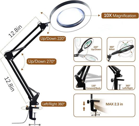 10X Magnifying Glass with Light and Clamp, Magnifier with Light Hands Free3 Color Modes Stepless Dimmable, 72 LEDs Real Glass Lens Magnifying Lamp for Close Work, Repair, Reading, Craft