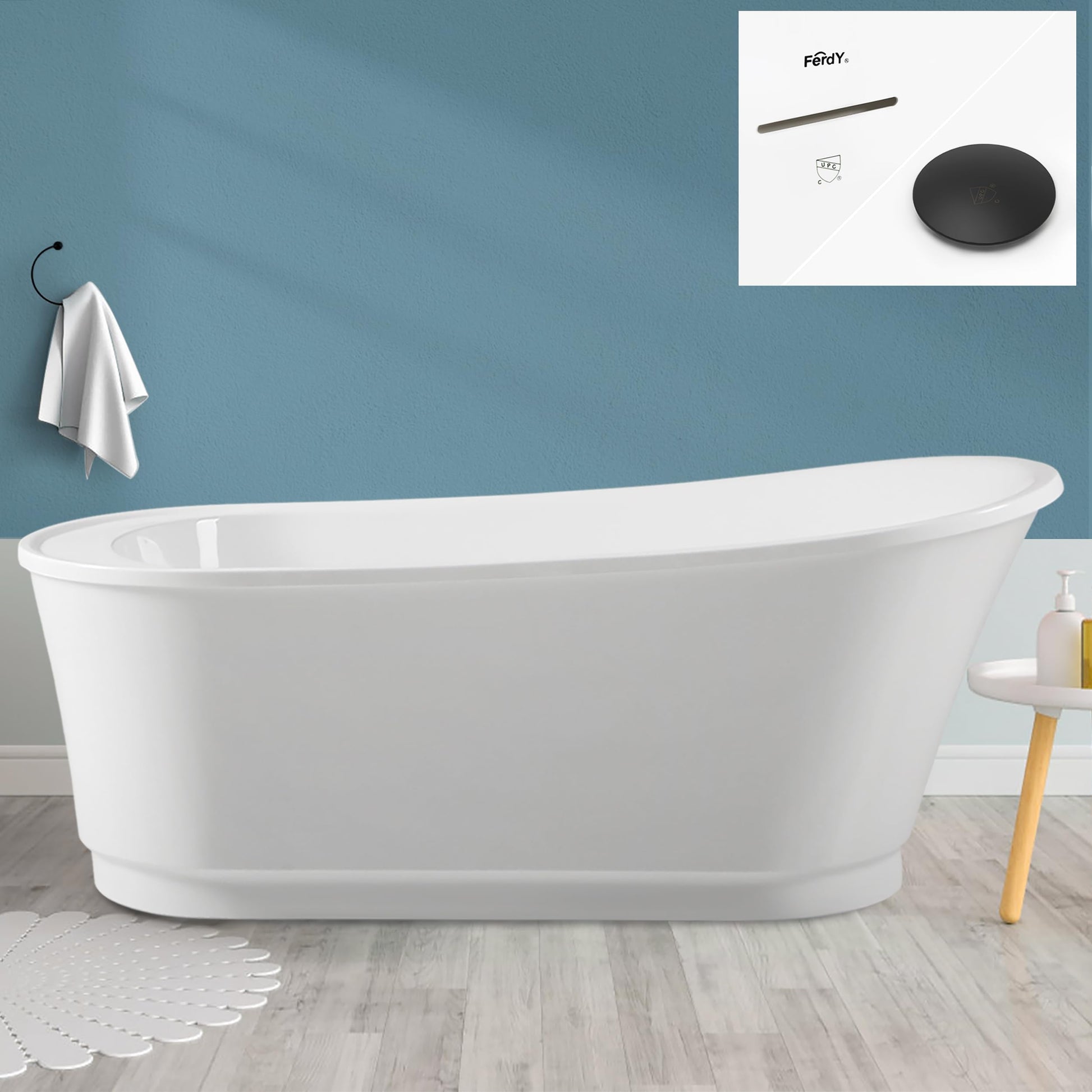 FerdY Lana'i 60" Freestanding Bathtub, Gracefully Shaped Freestanding Soaking tub, Glossy White, cUPC Certified, Brushed Nickel Drain & Overflow Assembly Included-02125