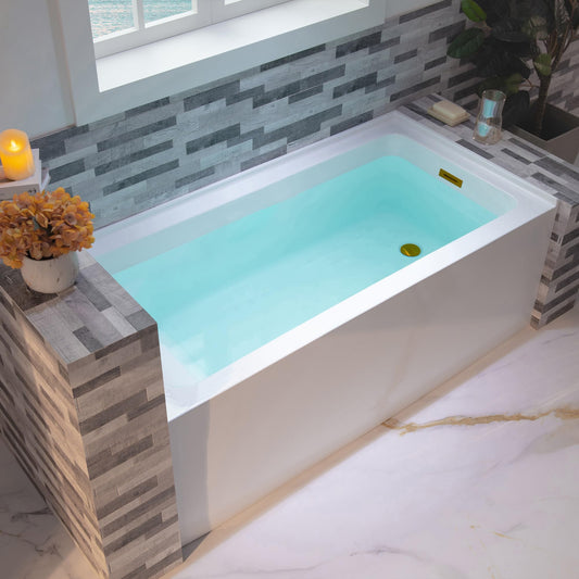 WOODBRIDGE 60" Acrylic Rectangular Alcove Soaking Bathtub in White with Left Drain, Brushed Nickel pop-up Drain Included, LB428-L