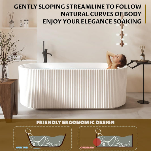67" Modern Freestanding Bathtub,V Shape Freestanding Soaking Acrylic Bathtub,Unique Design Pleated Tub with Chrome Drain and Classic Slotted Overflow,Cupc Certified,Gloss White