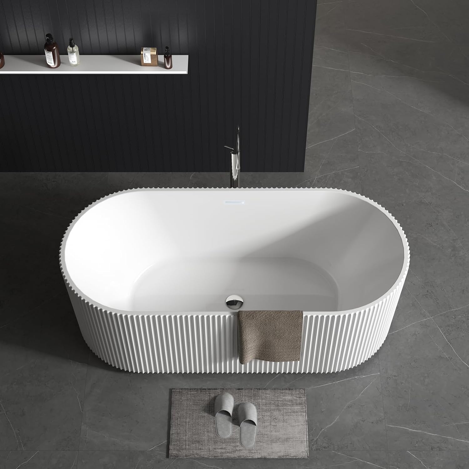67" Modern Freestanding Bathtub,V Shape Freestanding Soaking Acrylic Bathtub,Unique Design Pleated Tub with Chrome Drain and Classic Slotted Overflow,Cupc Certified,Gloss White