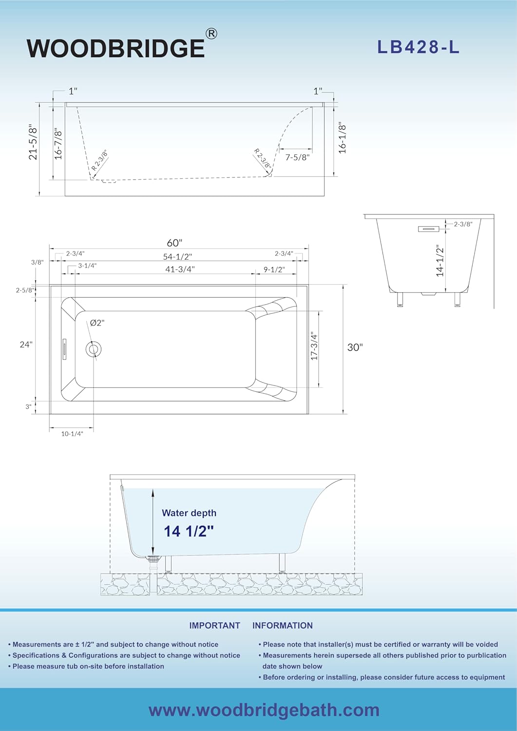 WOODBRIDGE 60" Acrylic Rectangular Alcove Soaking Bathtub in White with Left Drain, Brushed Nickel pop-up Drain Included, LB428-L
