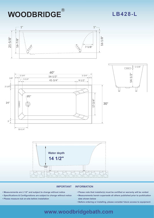 WOODBRIDGE 60" Acrylic Rectangular Alcove Soaking Bathtub in White with Left Drain, Brushed Nickel pop-up Drain Included, LB428-L