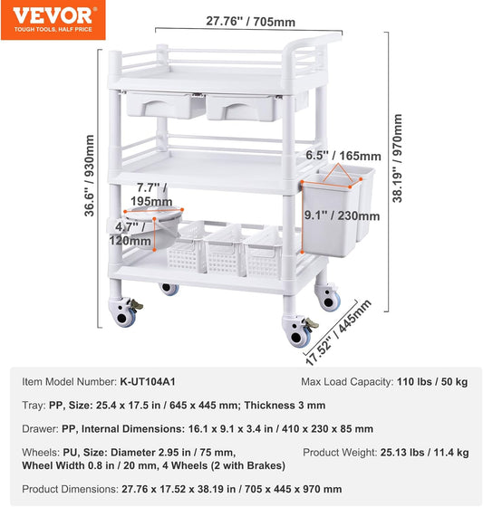 VEVOR Medical Mobile Trolley Cart with 2 Drawers & 3 Trash Cans, 3 Tiers Beauty Salon Rolling Trolley with 4 Silent Wheels & 2 Dirts Bucket & Bowl, Medical Utility Cart for Hospital Dental Clinic Lab