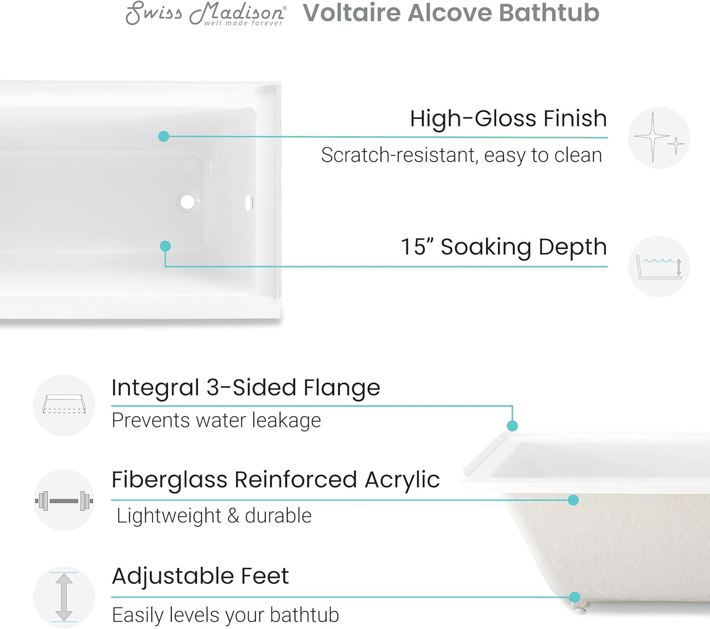 Swiss Madison Voltaire 66" x 32" Right-Hand Drain Alcove Bathtub