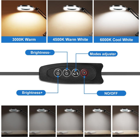 10X Magnifying Glass with Light and Clamp,Real Glass Lens,3 Color Modes,Stepless Dimmable,LED Magnifying Lamp for Reading Close Work Painting Craft Soldering Sewing Hobby