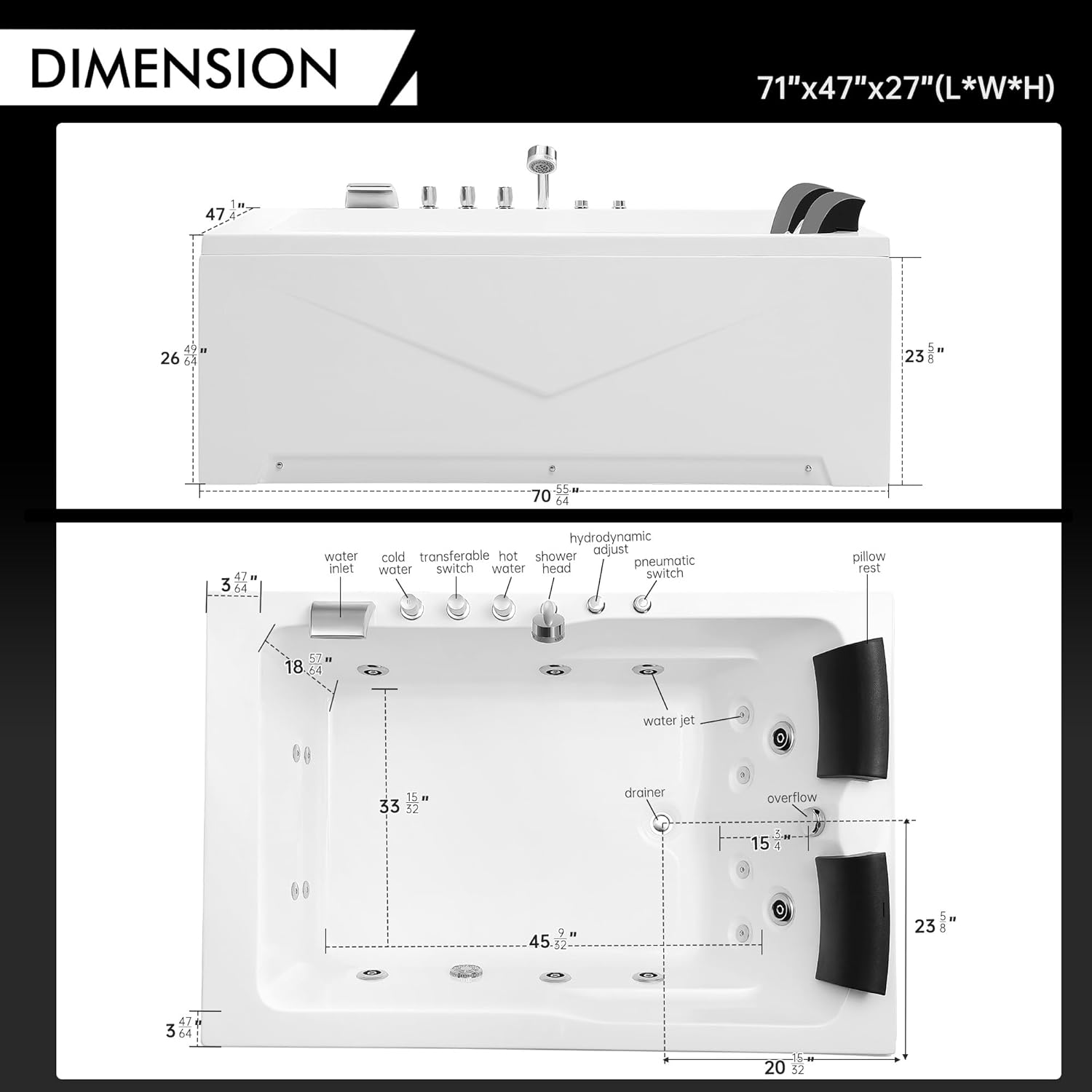 Empava 2 Person Whirlpool Bathtub,71” Whirlpool Tubs with 16 Jets,Jetted bathtub,Acrylic SPA Bath Tub,2 Person Hydro Massage Bathtub with Right Drain,3-Side Apron,White