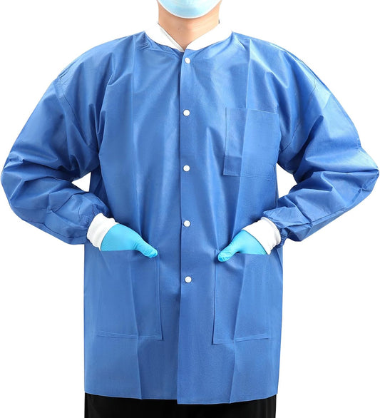 JMU 10-50 Pack Disposable Lab Jackets, SMS Medical Jackets/Coats for Men and Women, Knit Cuffs & Collar, 3 Pockets