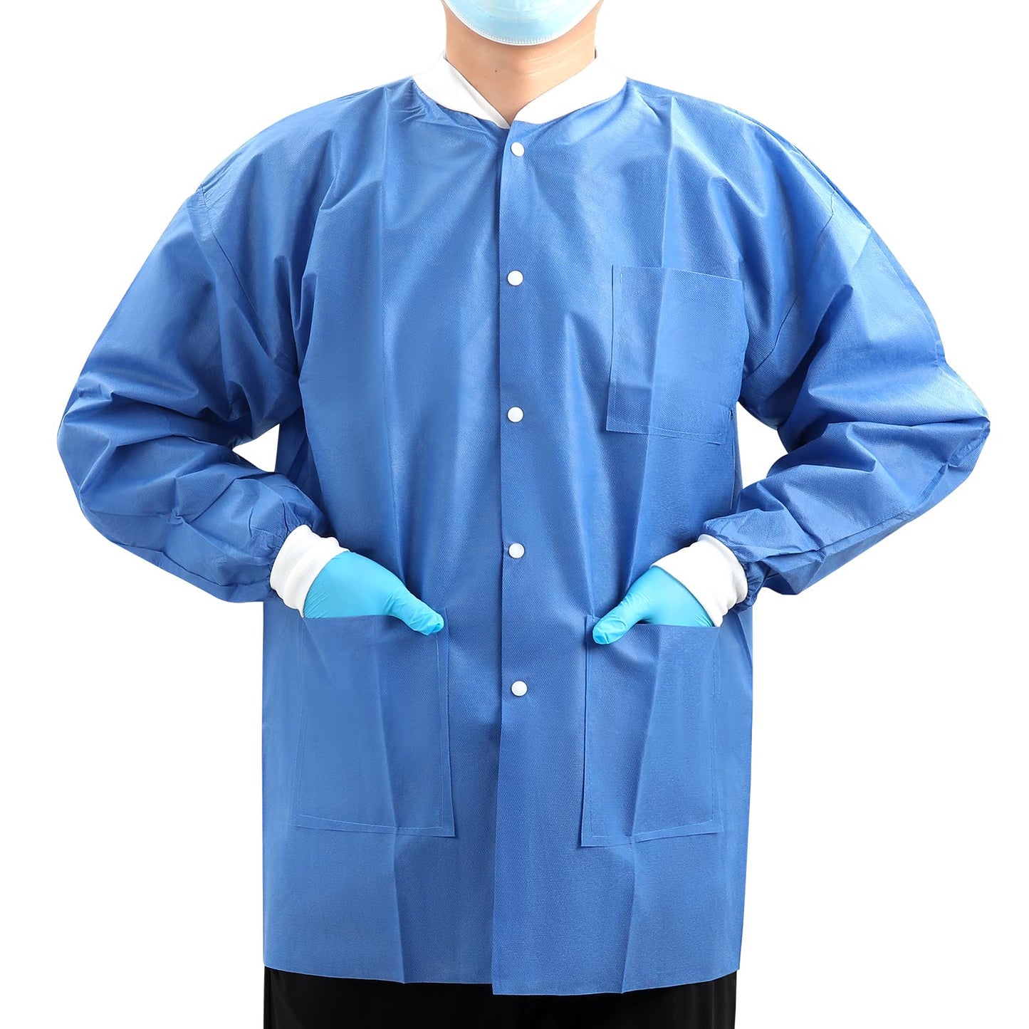 JMU 10-50 Pack Disposable Lab Jackets, SMS Medical Jackets/Coats for Men and Women, Knit Cuffs & Collar, 3 Pockets