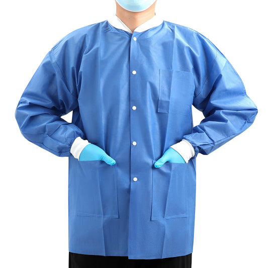 JMU 10-50 Pack Disposable Lab Jackets, SMS Medical Jackets/Coats for Men and Women, Knit Cuffs & Collar, 3 Pockets
