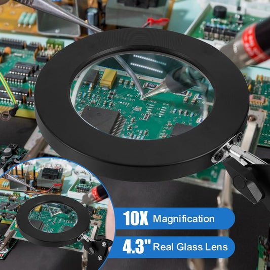 10X Magnifying Glass with Light and Clamp,Real Glass Lens,3 Color Modes,Stepless Dimmable,LED Magnifying Lamp for Reading Close Work Painting Craft Soldering Sewing Hobby