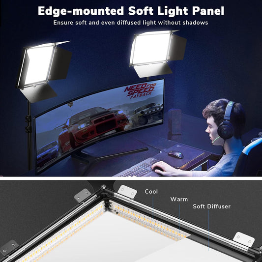 D50 Photography Lighting with Barn Door, 2-Pack 15.4" LED Video Light with Remote, 45W 3000K-8000K Dimmable Bi-Color Panel Light for Live Streaming/Wedding Shooting/Video Recording/Studio/Film