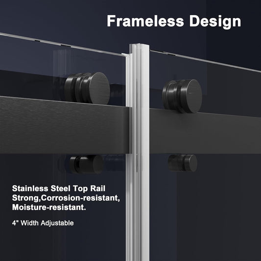 ROOMTEC Frameless Bathtub Shower Doors 56-60 W x 60 H, Double Sliding Tub Shower Door with Tempered Glass 5/16"(8mm), Duty Stainless Steel Hardwares, Matte Black