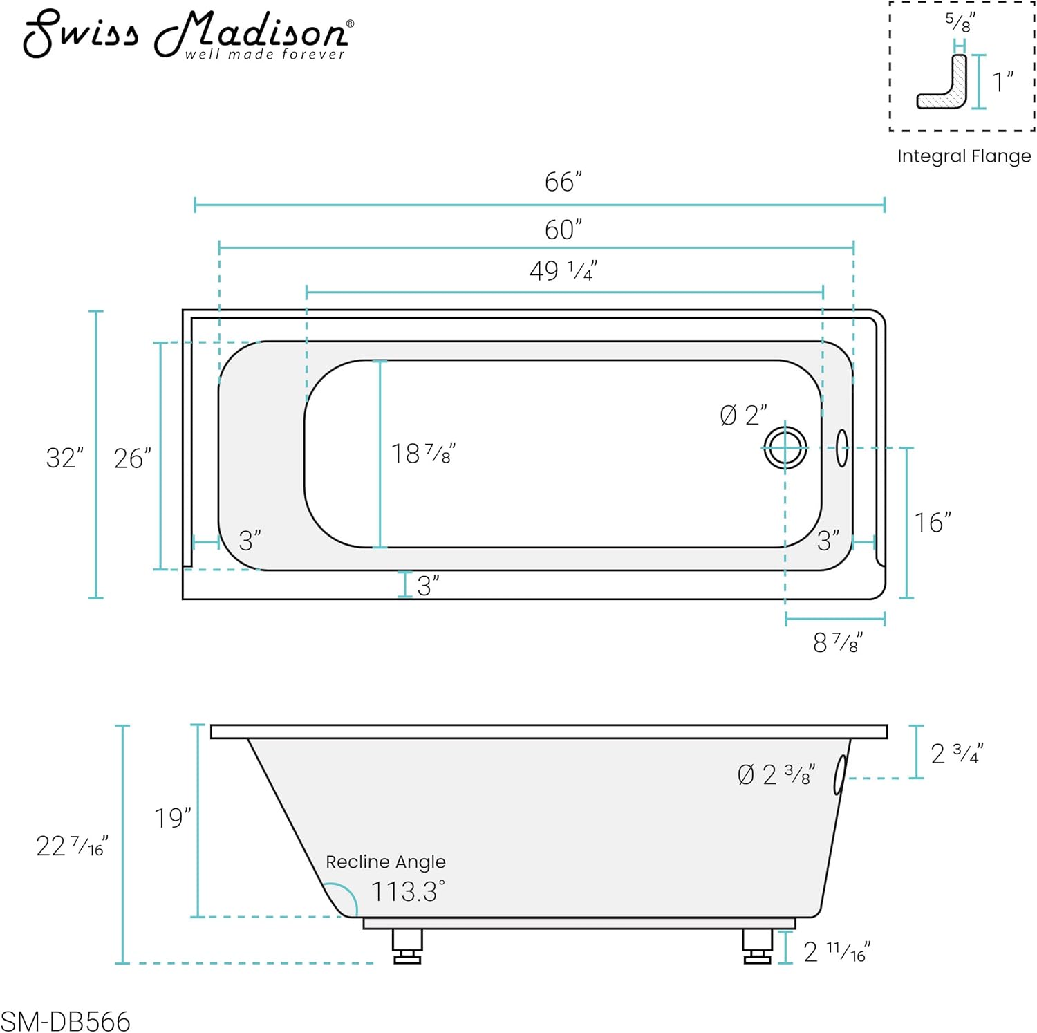 Swiss Madison Voltaire 66" x 32" Right-Hand Drain Alcove Bathtub