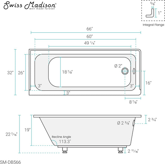 Swiss Madison Voltaire 66" x 32" Right-Hand Drain Alcove Bathtub