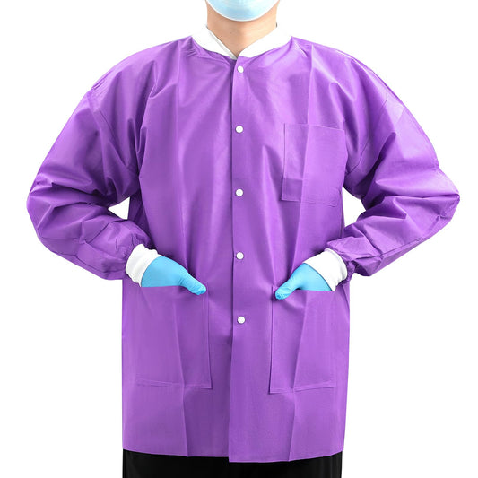 JMU 10-50 Pack Disposable Lab Jackets, SMS Medical Jackets/Coats for Men and Women, Knit Cuffs & Collar, 3 Pockets