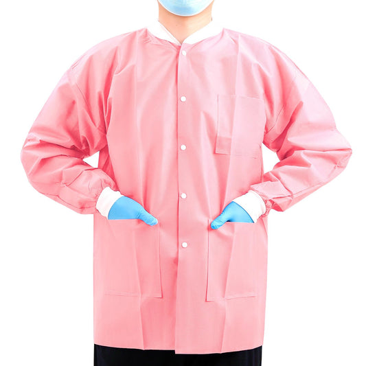 JMU 10-50 Pack Disposable Lab Jackets, SMS Medical Jackets/Coats for Men and Women, Knit Cuffs & Collar, 3 Pockets