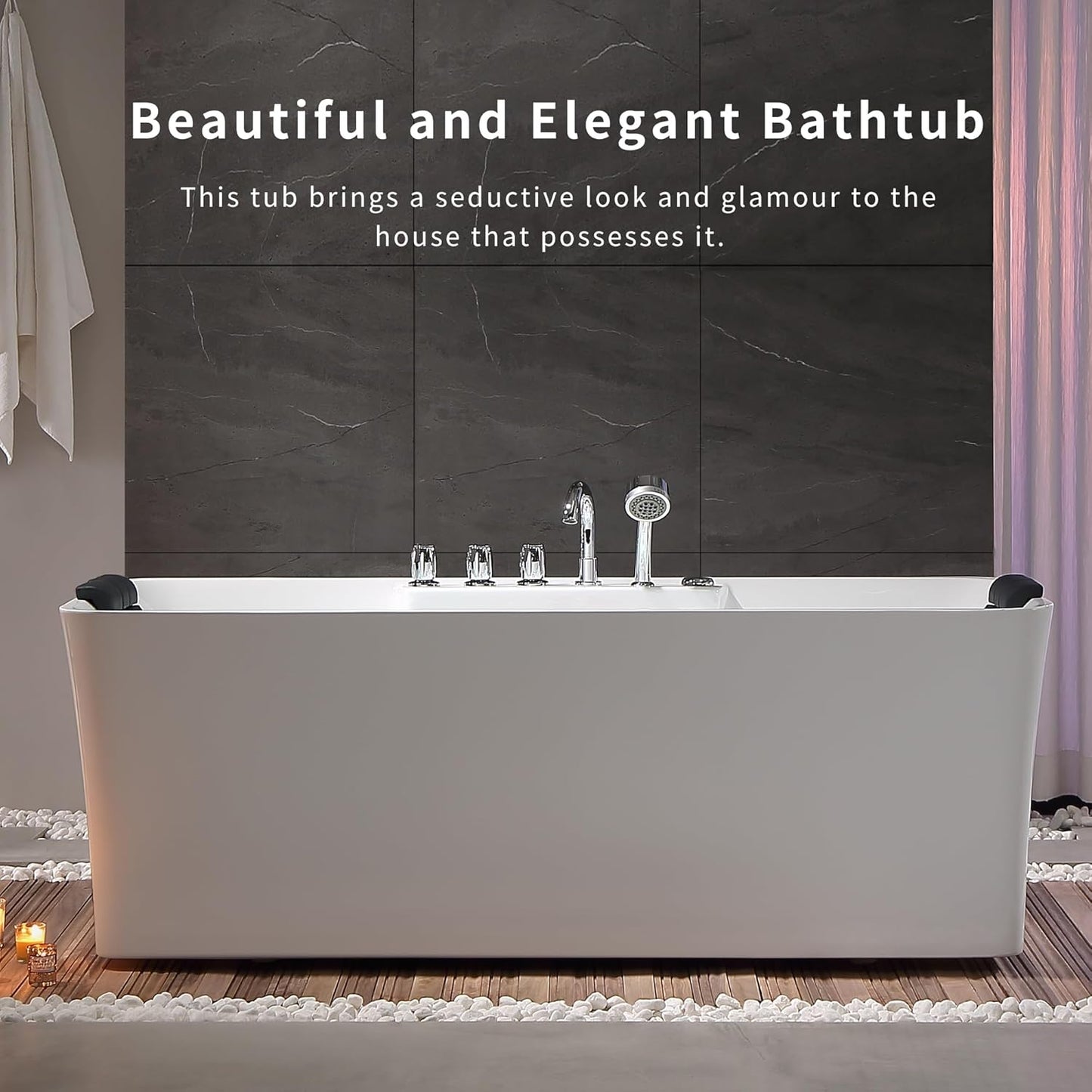 Empava 59-Inch White Freestanding Whirlpool Bathtub Rectangular with 8 Hydromassage Adjustable Water Jets