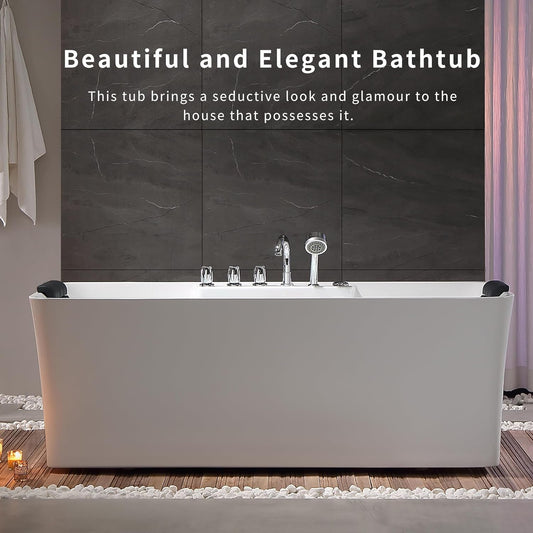 Empava 59-Inch White Freestanding Whirlpool Bathtub Rectangular with 8 Hydromassage Adjustable Water Jets