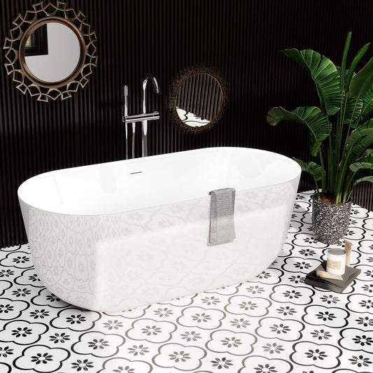 59"Acrylic Free Standing Bathtub, Bath Tub for Bathroom Glossy White, Stand Alone Soaking Tub, Modern Bathtub with Chrome Overflow and Drain