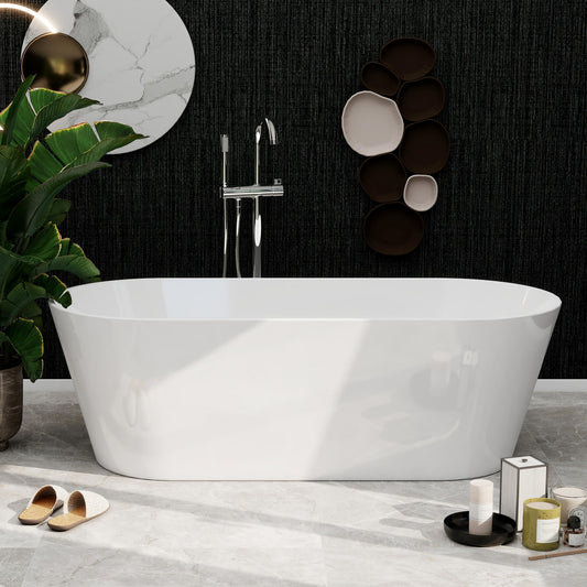 59"Acrylic Free Standing Bathtub, Bath Tub for Bathroom Glossy White, Stand Alone Soaking Tub, Modern Bathtub with Chrome Overflow and Drain