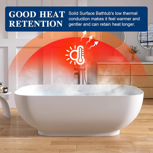 Stone Resin Freestanding Bathtub 65", Elegant Oval Shape Soaking Tub, Solid Surface Stand Alone Bathtub with Drain & Integrated Slotted Overflow Matte White AMFS329-1650