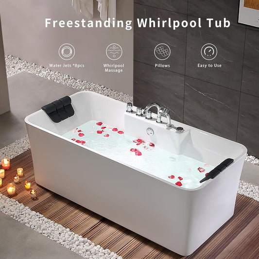 Empava 59-Inch White Freestanding Whirlpool Bathtub Rectangular with 8 Hydromassage Adjustable Water Jets