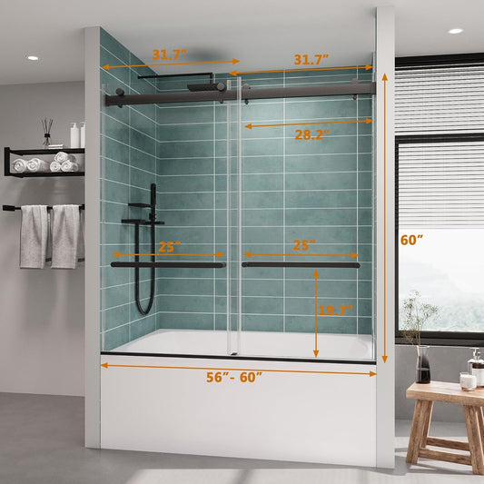 ROOMTEC Frameless Bathtub Shower Doors 56-60 W x 60 H, Double Sliding Tub Shower Door with Tempered Glass 5/16"(8mm), Duty Stainless Steel Hardwares, Matte Black