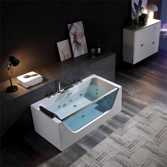 Empava 59 x 29" Whirlpool Tub,750W Acrylic Jetted Bathtub with 11 Jets,Hydromassage with Chromatherapy,3-Side Apron,58 Gallons,ETL Certified