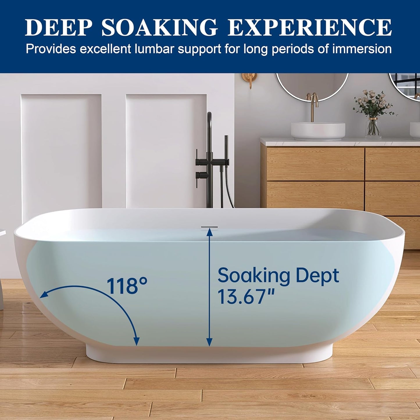 Stone Resin Freestanding Bathtub 65", Elegant Oval Shape Soaking Tub, Solid Surface Stand Alone Bathtub with Drain & Integrated Slotted Overflow Matte White AMFS329-1650