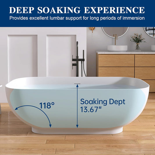 Stone Resin Freestanding Bathtub 65", Elegant Oval Shape Soaking Tub, Solid Surface Stand Alone Bathtub with Drain & Integrated Slotted Overflow Matte White AMFS329-1650
