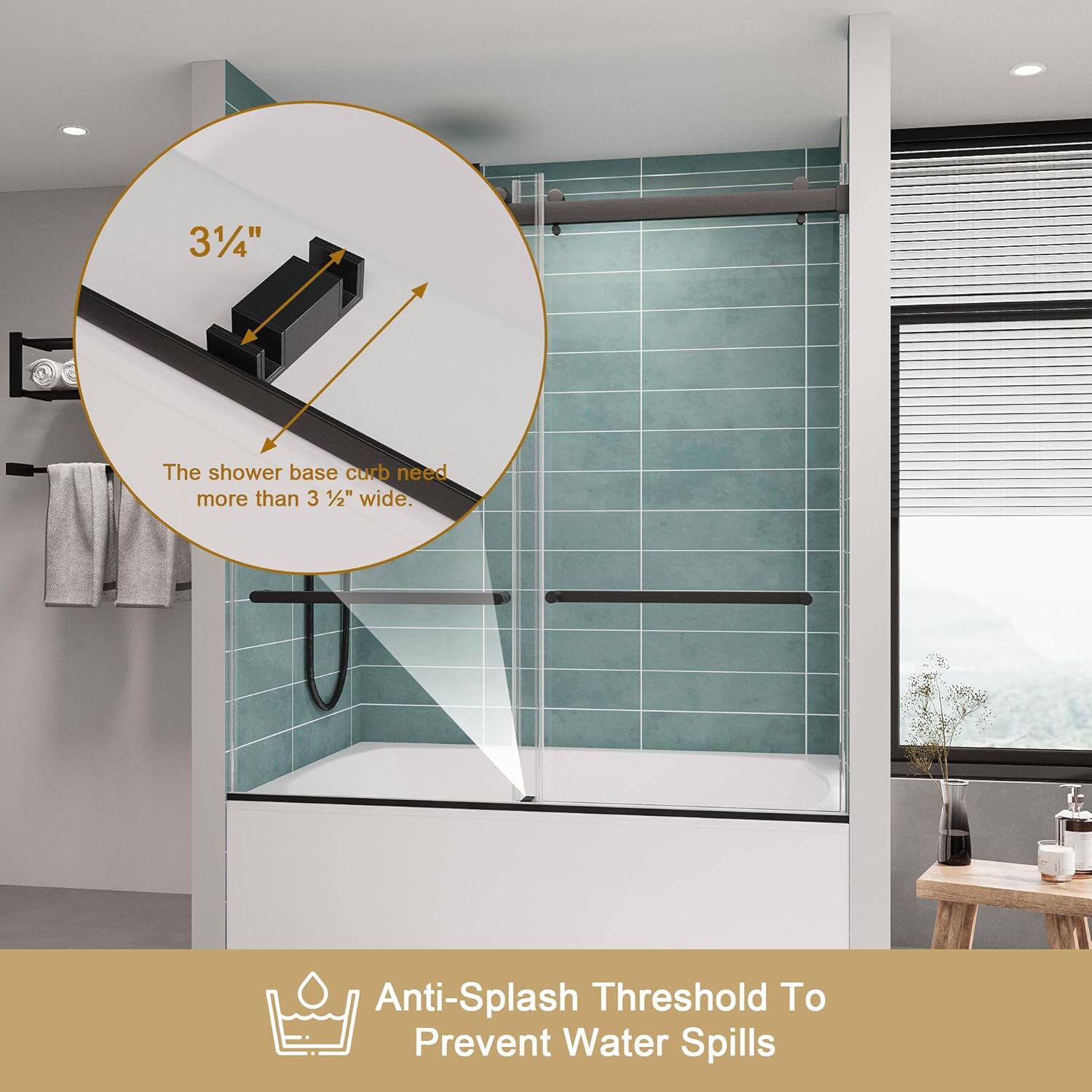 ROOMTEC Frameless Bathtub Shower Doors 56-60 W x 60 H, Double Sliding Tub Shower Door with Tempered Glass 5/16"(8mm), Duty Stainless Steel Hardwares, Matte Black