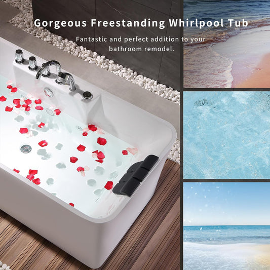 Empava 59-Inch White Freestanding Whirlpool Bathtub Rectangular with 8 Hydromassage Adjustable Water Jets