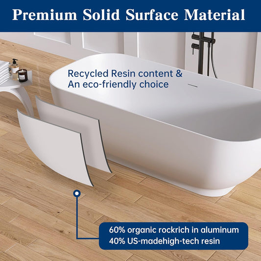 Stone Resin Freestanding Bathtub 65", Elegant Oval Shape Soaking Tub, Solid Surface Stand Alone Bathtub with Drain & Integrated Slotted Overflow Matte White AMFS329-1650