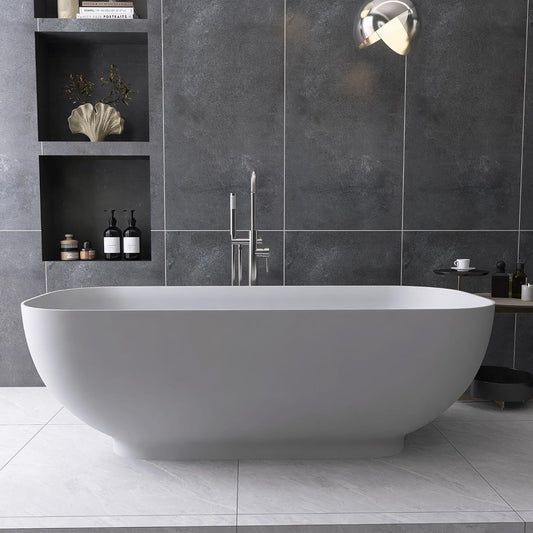 Stone Resin Freestanding Bathtub 65", Elegant Oval Shape Soaking Tub, Solid Surface Stand Alone Bathtub with Drain & Integrated Slotted Overflow Matte White AMFS329-1650