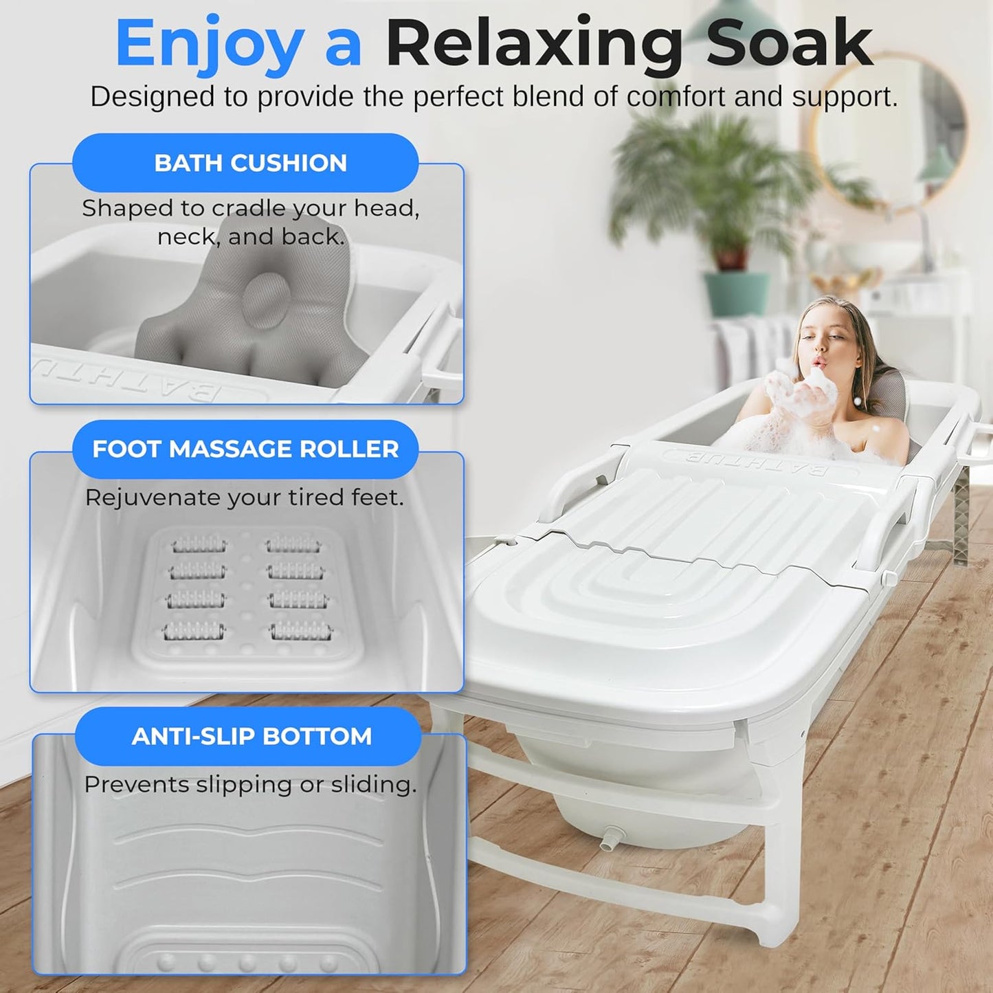 SereneLife Freestanding Portable Bathtub Spa Set – Large 59" Foldable Bath, Cushion, Stretchable Drain Pipe, Massager Rollers, Cleaning Spray & Storage Bag