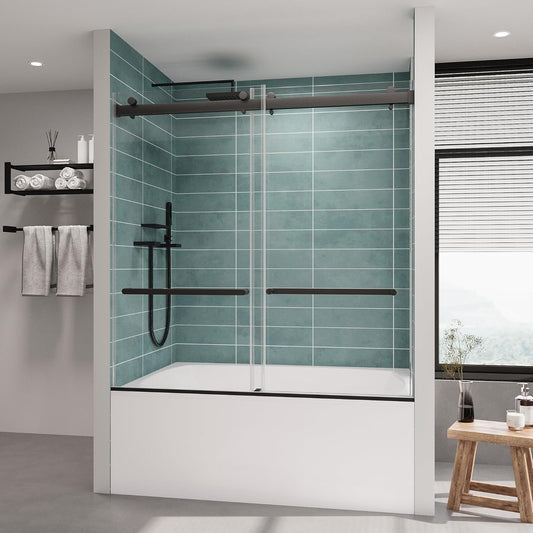 ROOMTEC Frameless Bathtub Shower Doors 56-60 W x 60 H, Double Sliding Tub Shower Door with Tempered Glass 5/16"(8mm), Duty Stainless Steel Hardwares, Matte Black