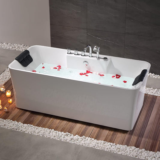 Empava 59-Inch White Freestanding Whirlpool Bathtub Rectangular with 8 Hydromassage Adjustable Water Jets