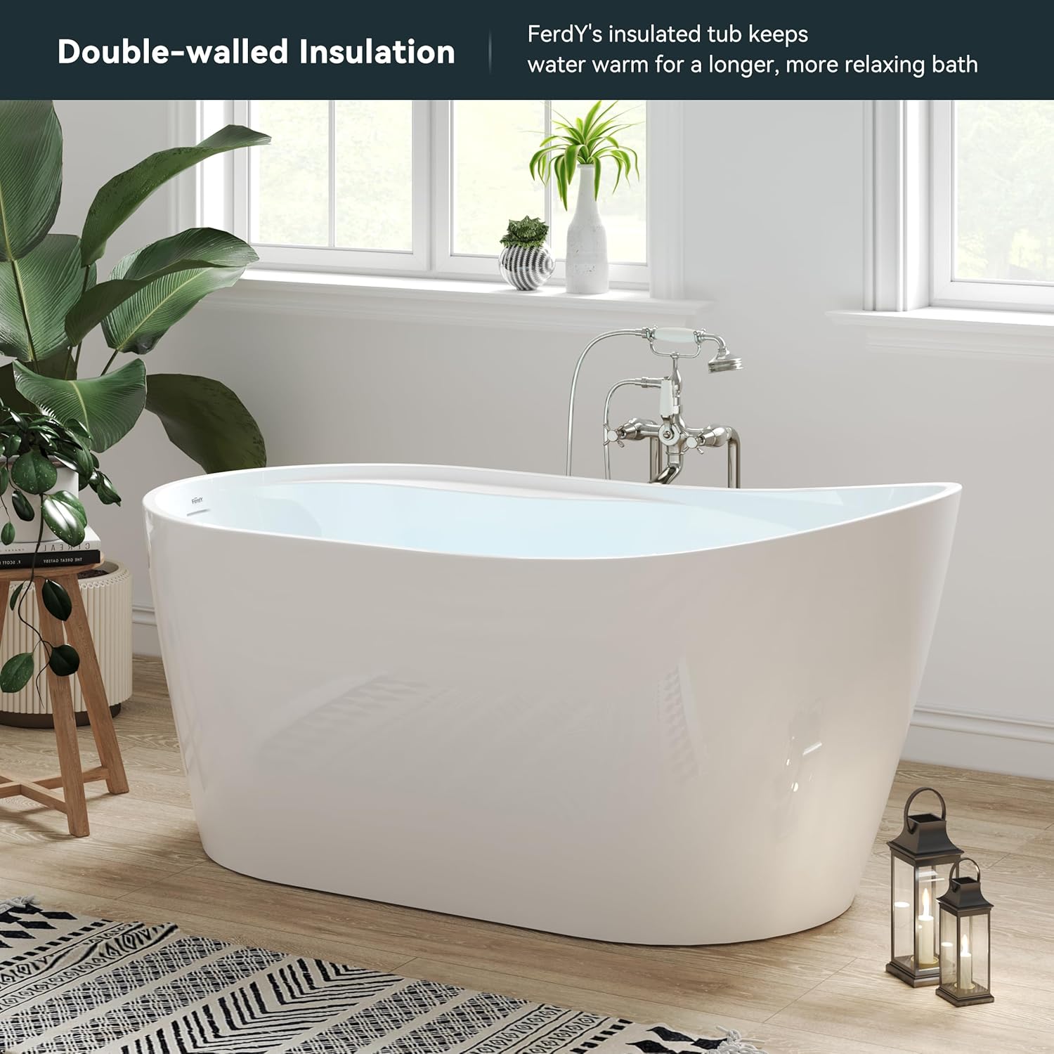FerdY Lana'i 60" Freestanding Bathtub, Gracefully Shaped Freestanding Soaking tub, Glossy White, cUPC Certified, Brushed Nickel Drain & Overflow Assembly Included-02125
