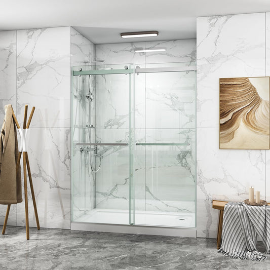ROOMTEC Frameless Bathtub Shower Doors 56-60 W x 60 H, Double Sliding Tub Shower Door with Tempered Glass 5/16"(8mm), Duty Stainless Steel Hardwares, Matte Black