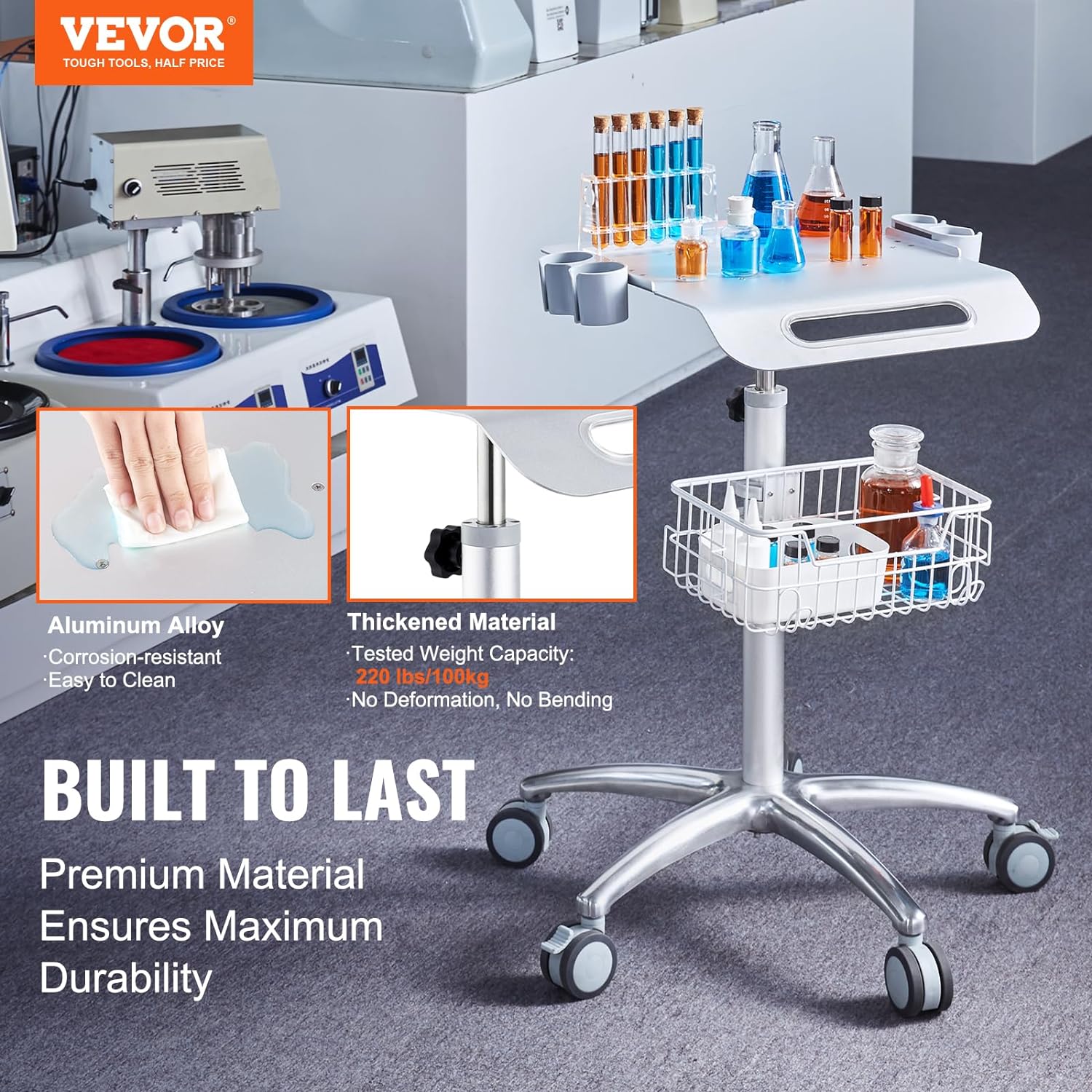 VEVOR Medical Mobile Trolley With Wheels 29.5"-41.3" Height Adjustable Stainless Steel Dental Cart Rolling Desktop Lab With 16.5" 15.7" Large Tabletop