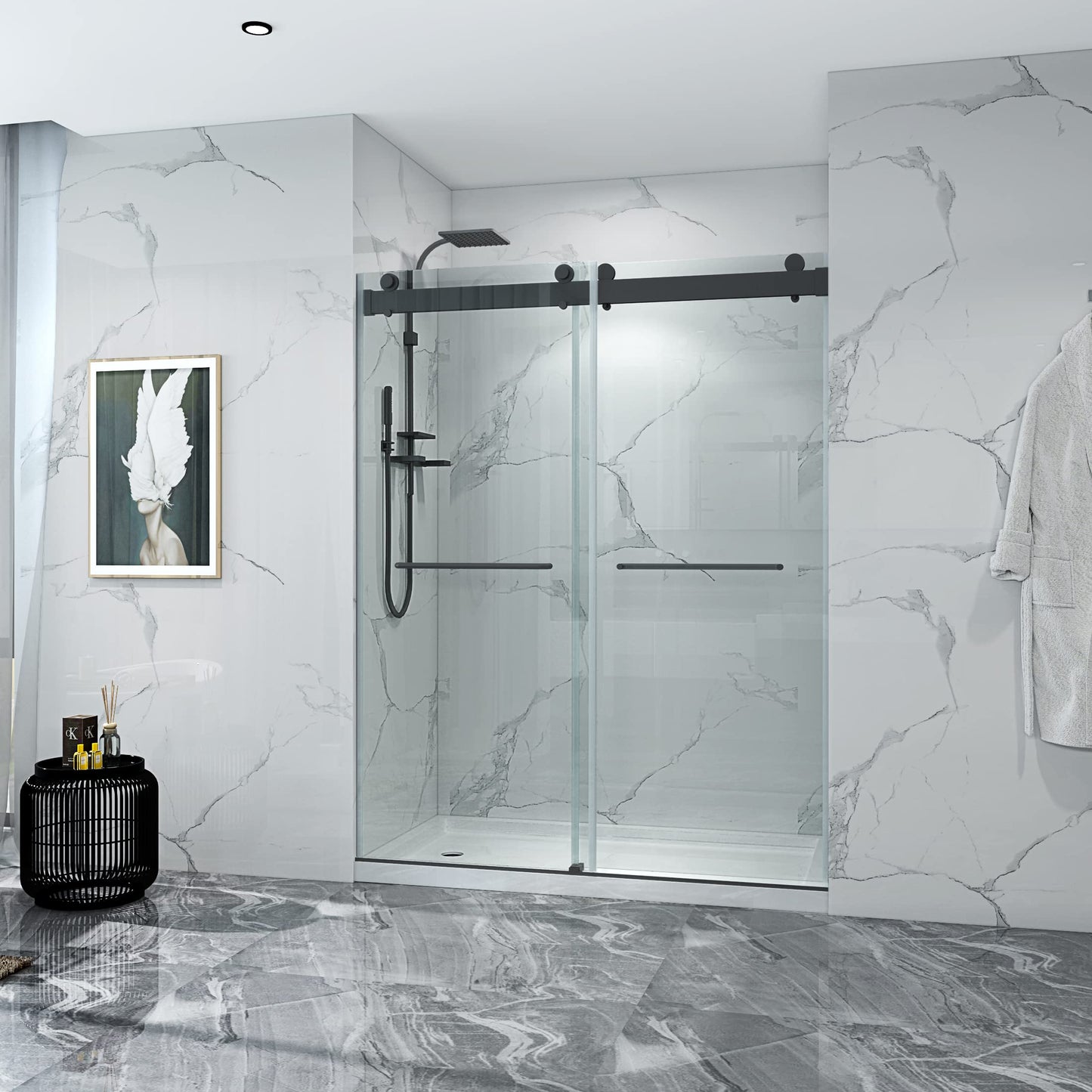 ROOMTEC Frameless Bathtub Shower Doors 56-60 W x 60 H, Double Sliding Tub Shower Door with Tempered Glass 5/16"(8mm), Duty Stainless Steel Hardwares, Matte Black